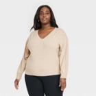 Women's Plus Size Fine Gauge V-neck Sweater - A New Day Oatmeal