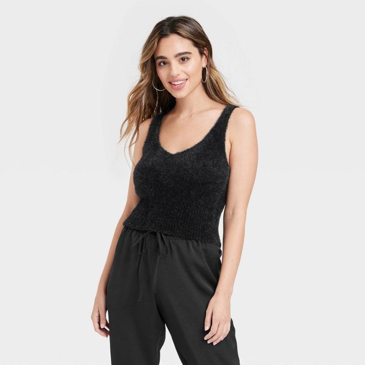 Women's V-neck Fuzzy Sweater Tank - A New Day Black