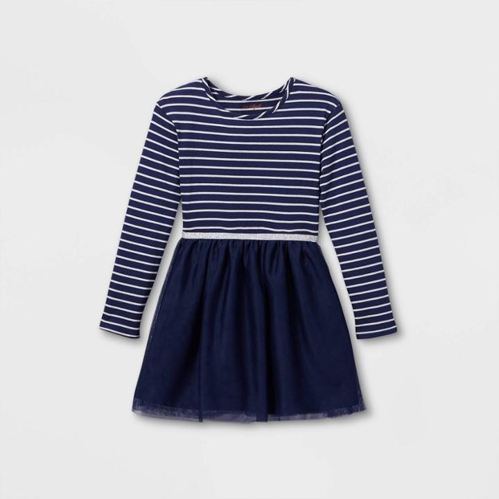 Girls' Striped Tulle Long Sleeve Dress - Cat & Jack Blue