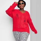 Women's Plus Size V-neck Destructed Pullover Sweater - Wild Fable Red