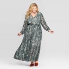 Women's Plus Size Snake Print Long Sleeve V-neck Pleated Chiffon Wrap Maxi Dress - Ava & Viv Green X, Women's