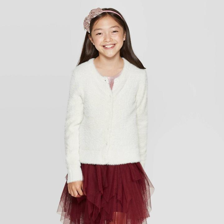 Girls' Long Sleeve Dressy Eyelash Cardigan - Cat & Jack Almond Cream Xl, Girl's, White