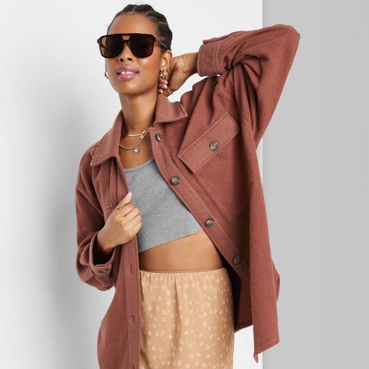 Women's Brushed Fleece Oversized Shacket - Wild Fable Brown