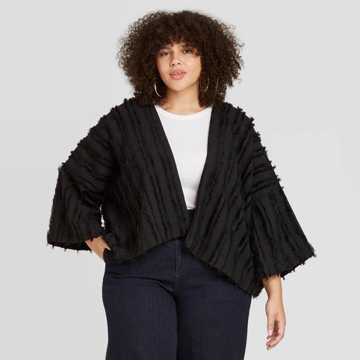 Women's Plus Size Striped Fringe Overcoat - A New Day