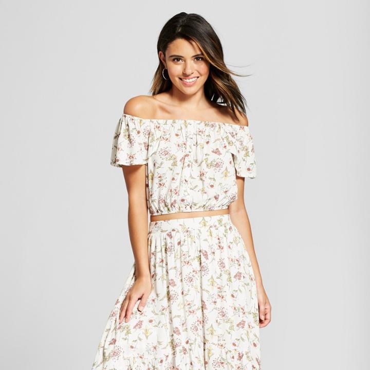 Women's Floral Print Short Sleeve Off The Shoulder Button Front Cropped Top - Xhilaration Natural