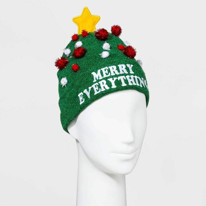 Ugly Stuff Holiday Supply Co. Women's Merry Everything Beanie With Light Up Star - Green - One Size, Women's