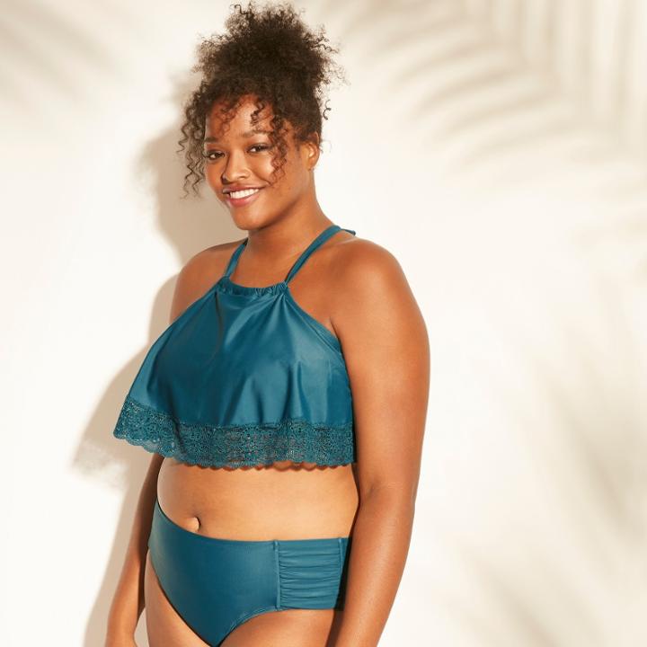 Women's Plus Size Crochet Trim Flounce Bikini Top - Xhilaration Teal