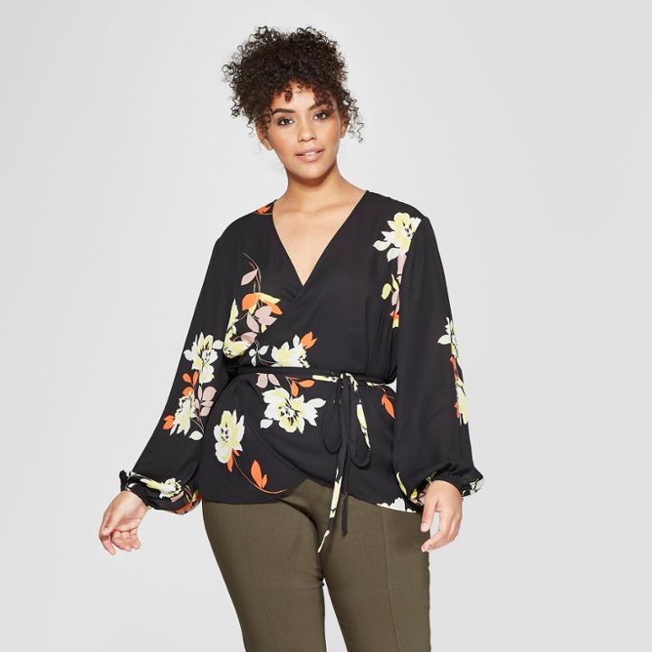 Women's Plus Size Floral Print Long Sleeve Silky Wrap Top - Who What Wear Black X, Black Floral