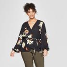 Women's Plus Size Floral Print Long Sleeve Silky Wrap Top - Who What Wear Black X, Black Floral