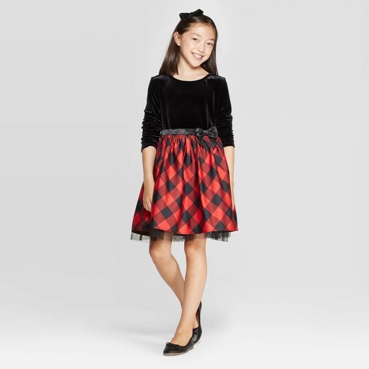 Girls' Long Sleeve Velour Dress - Cat & Jack Black/red L Plus, Girl's, Size: