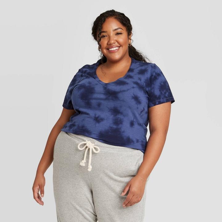 Women's Plus Size Tie-dye Short Sleeve V-neck T-shirt - Universal Thread Navy/blue