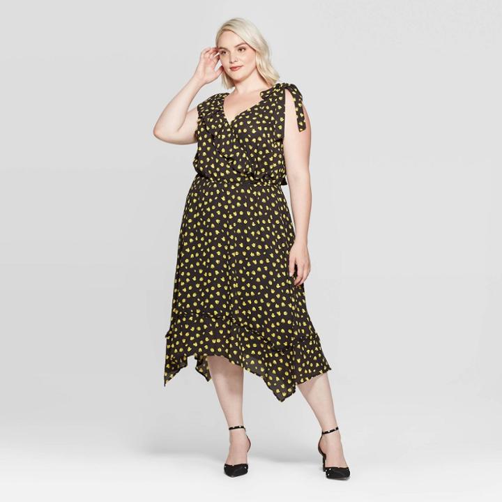 Women's Plus Size Floral Print Casual Fit Sleeveless V-neck Midi Dress - Who What Wear Black Tie X