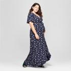 Maternity Plus Size Floral Print Short Sleeve Faux Wrap Belted Knit Dress - Isabel Maternity By Ingrid & Isabel Navy