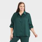 Women's Plus Size Long Sleeve Satin Shirt - A New Day Dark Green