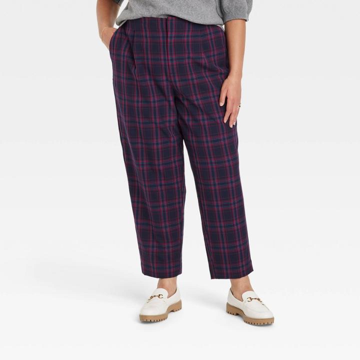 Women's Plus Size High-rise Relaxed Fit Tapered Ankle Trousers - A New Day Navy Plaid