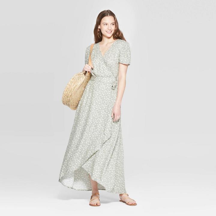 Target Women's Floral Print Short Sleeve V-neck At Knee Wrap Dress - Universal Thread Green