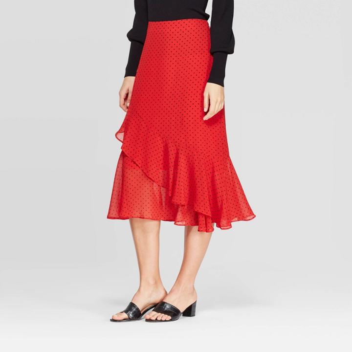 Women's Polka Dot Mid-rise Seamed Ruffle A-line Midi Skirt - Who What Wear Red