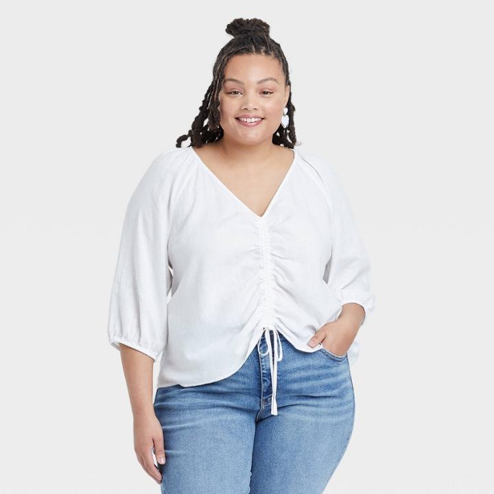 Women's Plus Size 3/4 Sleeve Ruched Front Top - Ava & Viv White X