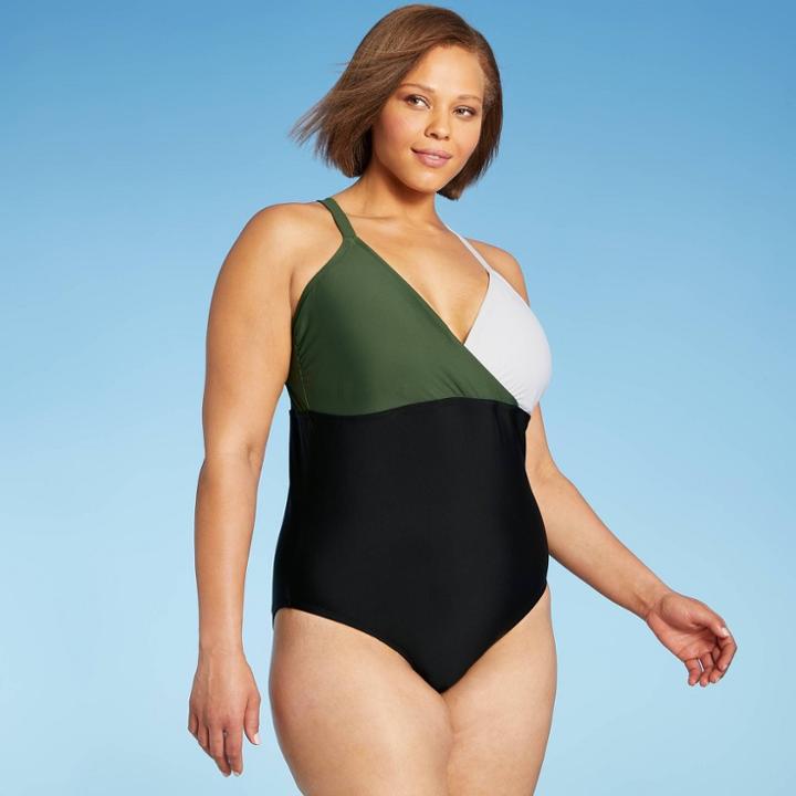 Kona Sol Women's Plus Size Wrap-front Colorblock One Piece Swimsuit - Kono Sol Multi 14w, Black/green/blue