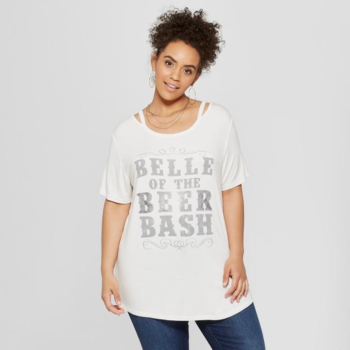 Women's Plus Size Short Sleeve Belle Of The Beer Bash Clavicle Cut-out Graphic T-shirt - Zoe+liv - Heather Gray
