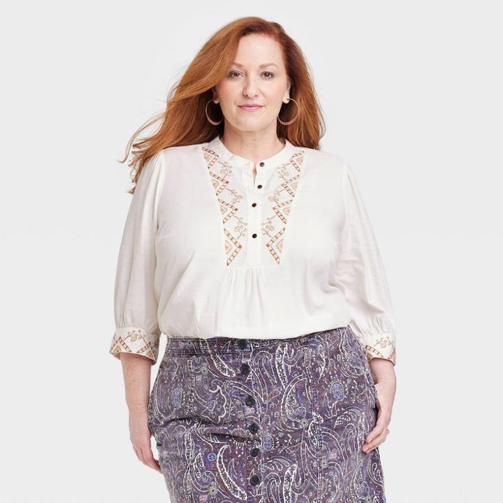 Women's Plus Size Bishop 3/4 Sleeve Embroidered Blouse - Knox Rose Cream