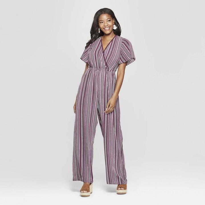 Women's Striped Short Sleeve Deep V-neck Wrap Jumpsuit - Xhilaration Wine