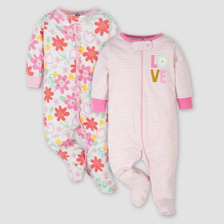 Gerber Baby Girls' 2pk Love Floral Sleep N' Play - Pink Newborn
