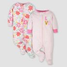 Gerber Baby Girls' 2pk Love Floral Sleep N' Play - Pink Newborn