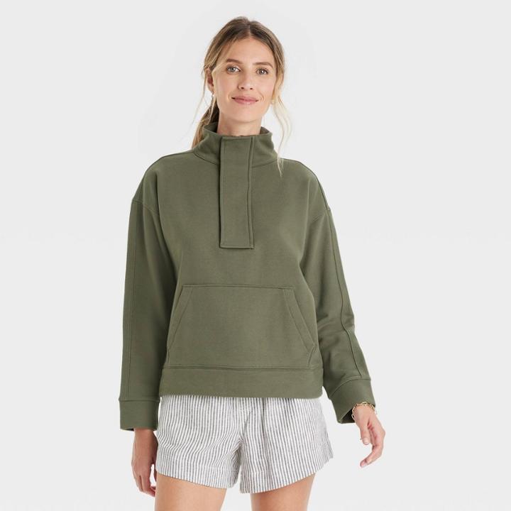 Women's Quarter Zip Sweatshirt - A New Day Olive Green