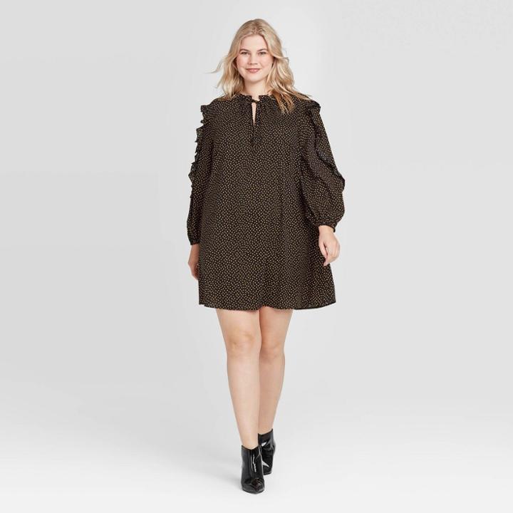 Women's Plus Size Polka Dot Long Sleeve Boat Neck Ruffle Detail A Line Mini Dress - Who What Wear Black 1x, Women's,