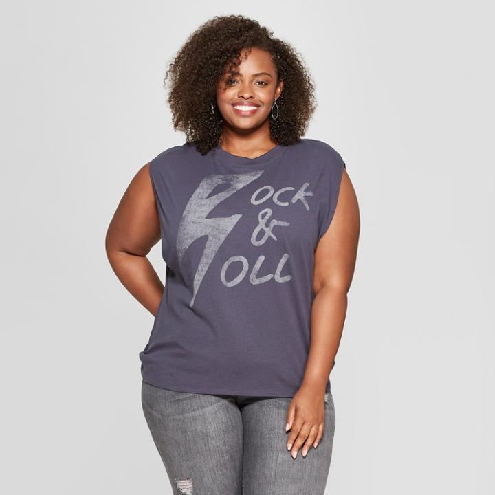 Junk Food Women's Plus Size Short Sleeve Blondie Rock & Roll Graphic T-shirt - Navy