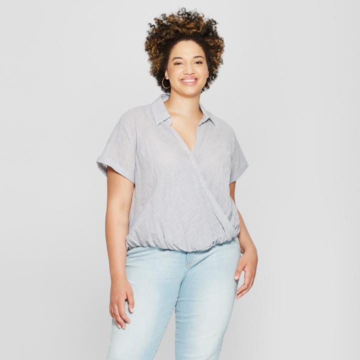 Women's Plus Size Striped Wrap Front Short Sleeve Top - Universal Thread Gray X