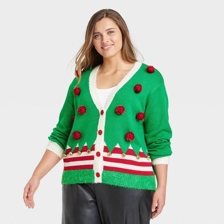 33 Degrees Women's Plus Size Elf Pom-pom Graphic Cardigan - Green