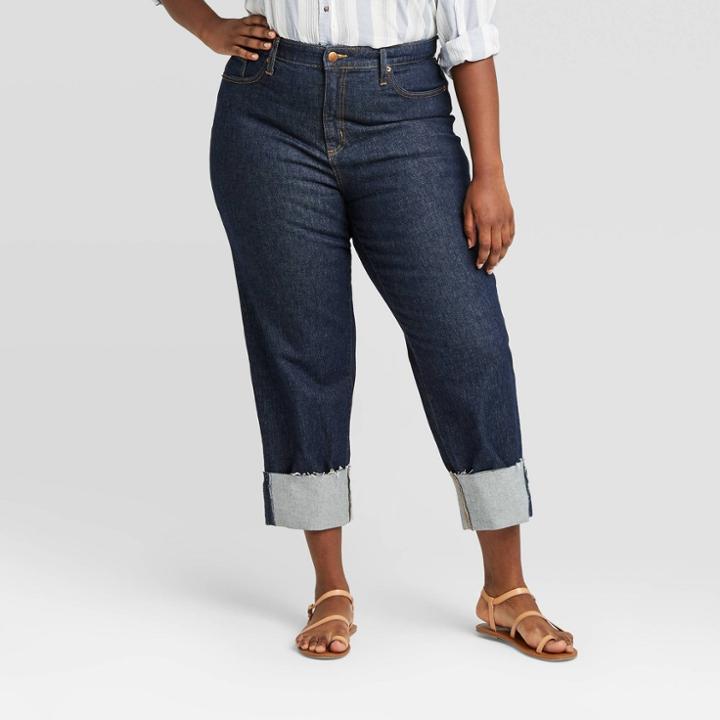Women's Plus Size High-rise Cropped Straight Jeans -universal Thread Dark Blue