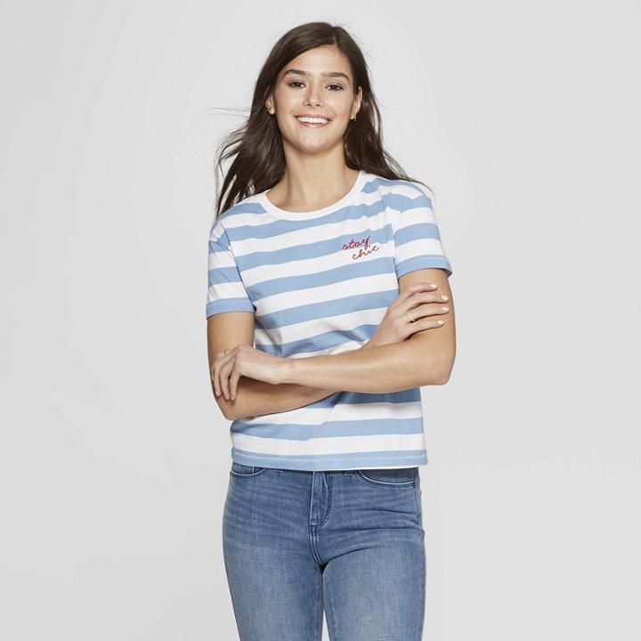Women's Striped Short Sleeve Stay Chic T-shirt - Fifth Sun (juniors') - White/blue