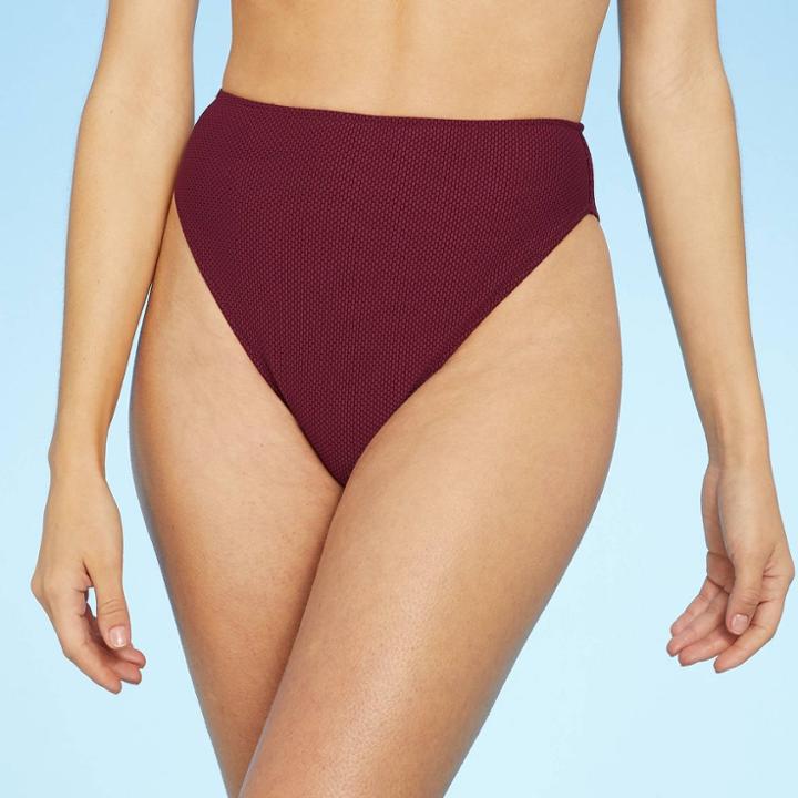 Women's Strappy Side High Waist Extra High Leg Cheeky Bikini Bottom - Shade & Shore Deep Cranberry
