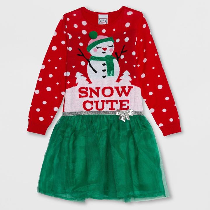 Plus Size Well Worn Girls' 'snow Cute' Sweater Dress - Red/green