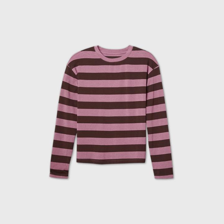 Women's Striped Long Sleeve T-shirt - A New Day Purple/brown