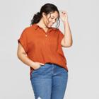 Women's Plus Size Short Sleeve Collared Mixed Media Popover Button-down Shirt - Ava & Viv Rust (red)