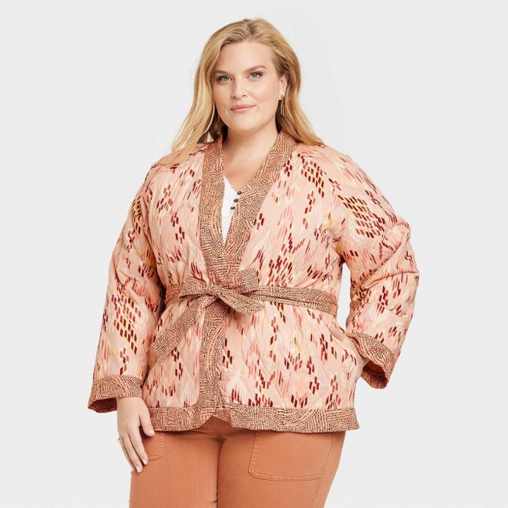 Women's Plus Size Quilted Jacket - Knox Rose Light Pink Ikat