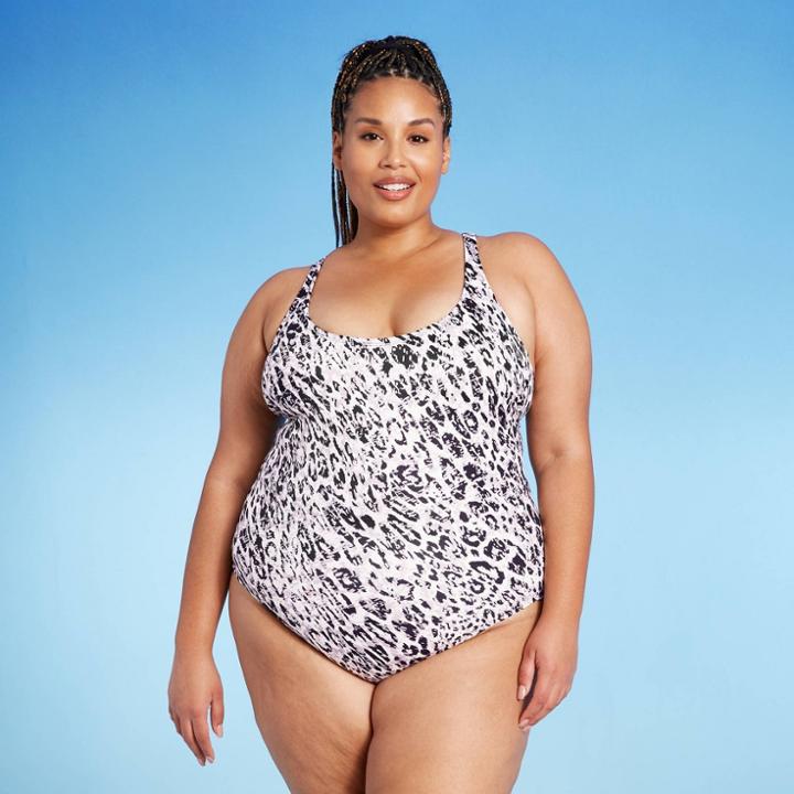 Women's Plus Size Strappy Back One Piece Swimsuit - All In Motion Cream Animal Print