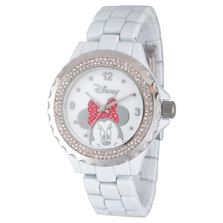 Women's Disney Minnie Mouse Enamel Sparkle White Alloy Watch - White, Red