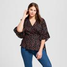 Women's Plus Size Printed 3/4 Sleeve Wrap Shirt - Xhilaration Black