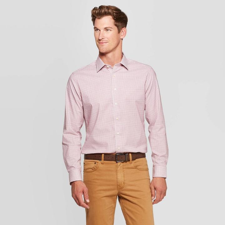 Men's Plaid Standard Fit Long Sleeve Non Iron Dress Shirt - Goodfellow & Co Scarlet L, Size: