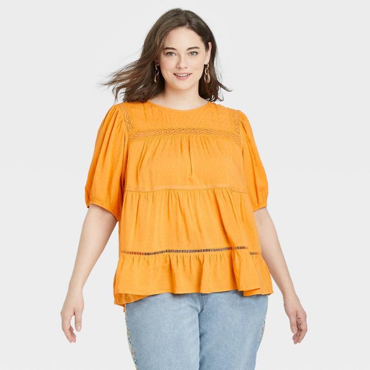 Women's Plus Size Puff Short Sleeve Lace Inset Blouse - Knox Rose Gold