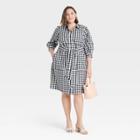 Women's Plus Size Long Sleeve Gingham Poplin Shirtdress - Ava & Viv Black X