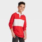 Boys' Collared Long Sleeve Woven Chest Striped T-shirt - Art Class Orange/cream