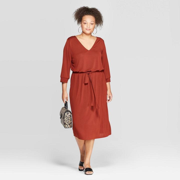 Women's Plus Size 3/4 Sleeve V-neck Sandwash Knit Dress - Ava & Viv Brown