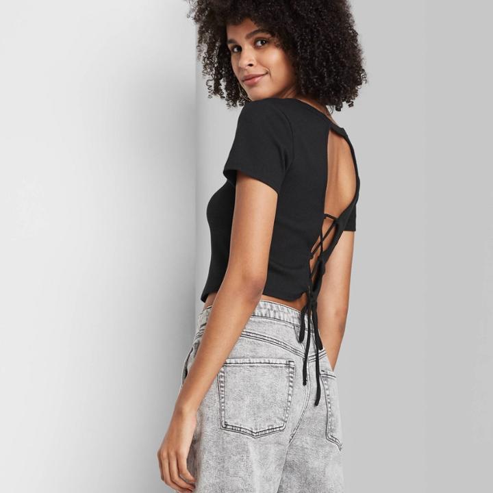 Women's Short Sleeve Lace-up Back Cropped Baby T-shirt - Wild Fable Black