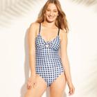 Target Women's Tie Front One Piece Swimsuit - Navy Gingham Print